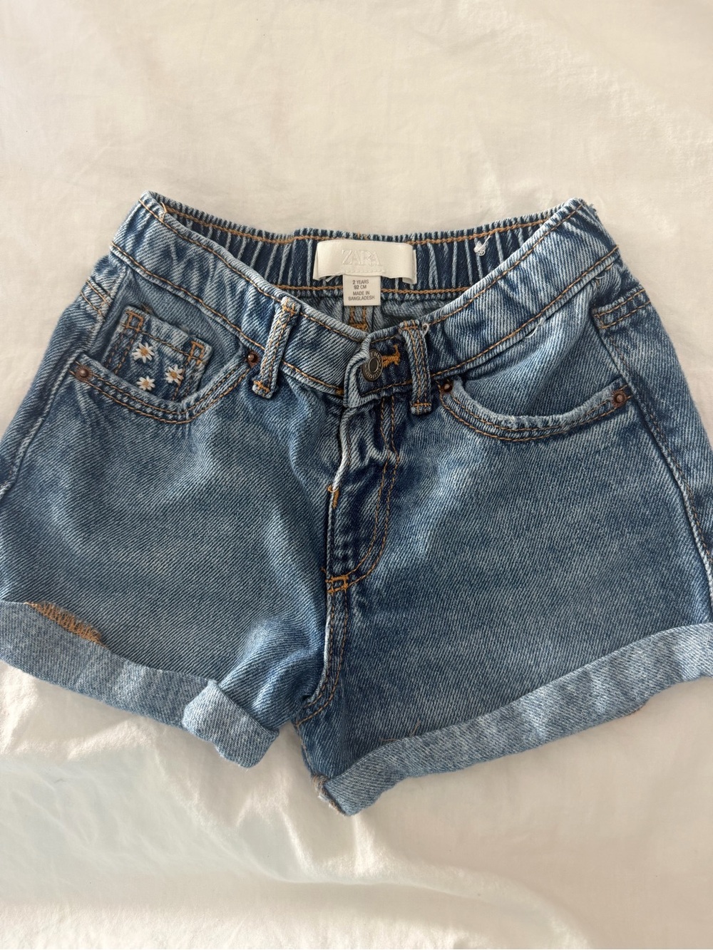 Zara Light Blue Denim Rolled-Hem Shorts with Pocket Embroidery